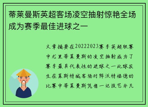 蒂莱曼斯英超客场凌空抽射惊艳全场成为赛季最佳进球之一